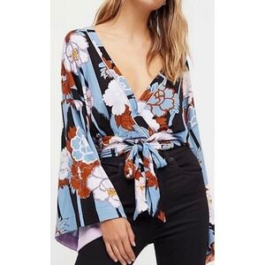 Free People Floral Boho Festival Tie Front Kimono Blouse Top Women's L Blue